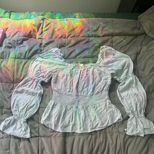 SO Light Blue Puff Sleeve Ruffled Blouse